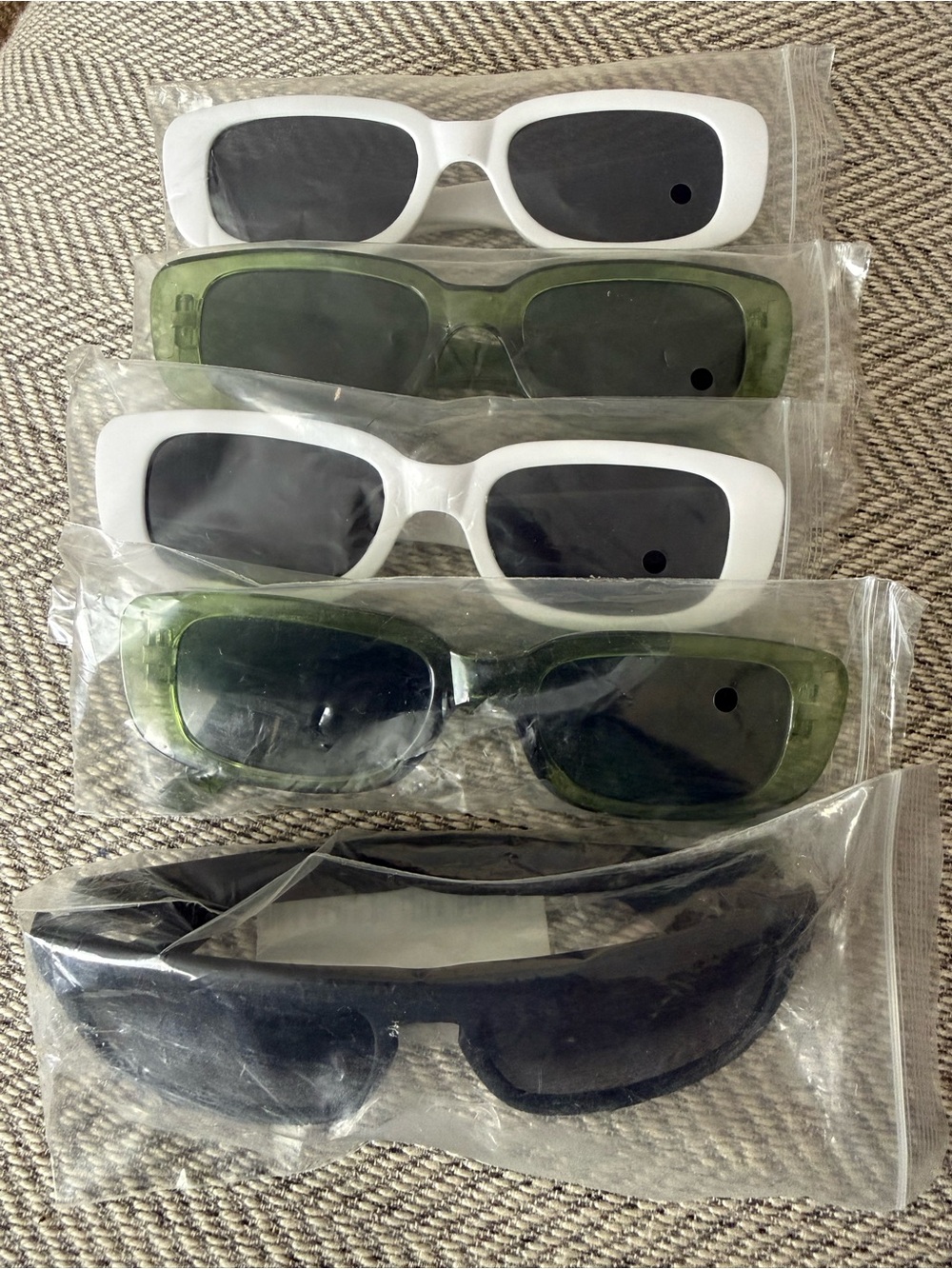 Set of 5 Rectangular Sunglasses - White, Olive Green, Black